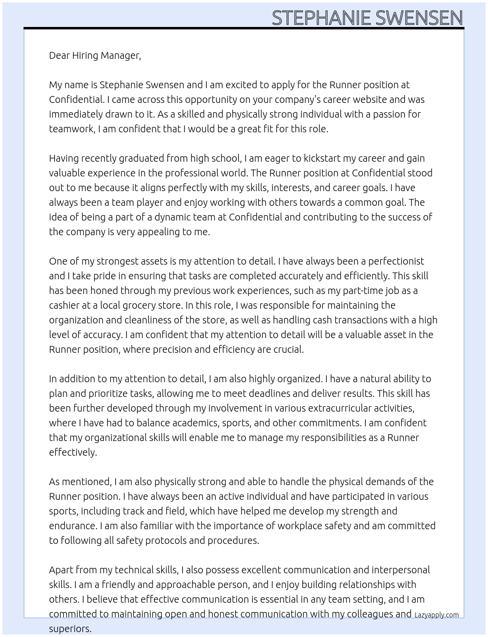Runner At Confidential Cover Letter