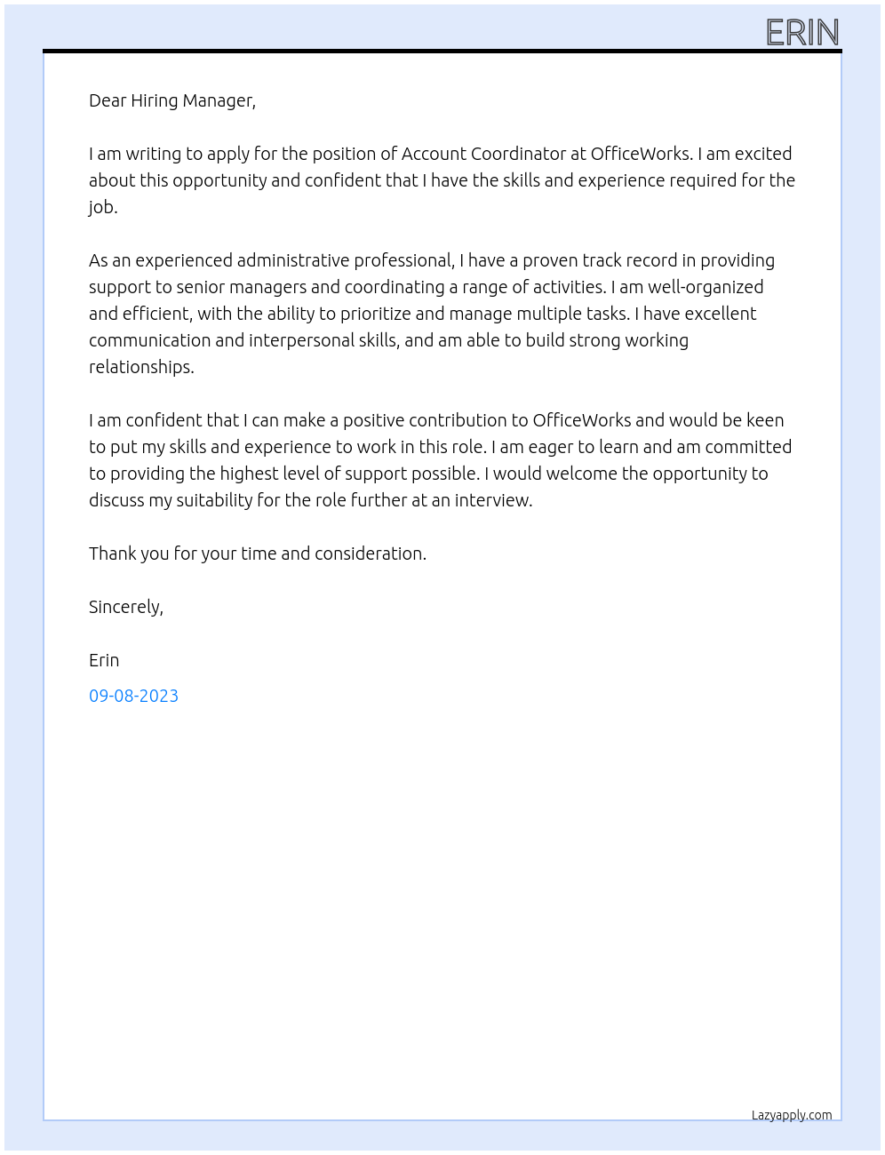 Account Coordinator At OfficeWorks Cover Letter