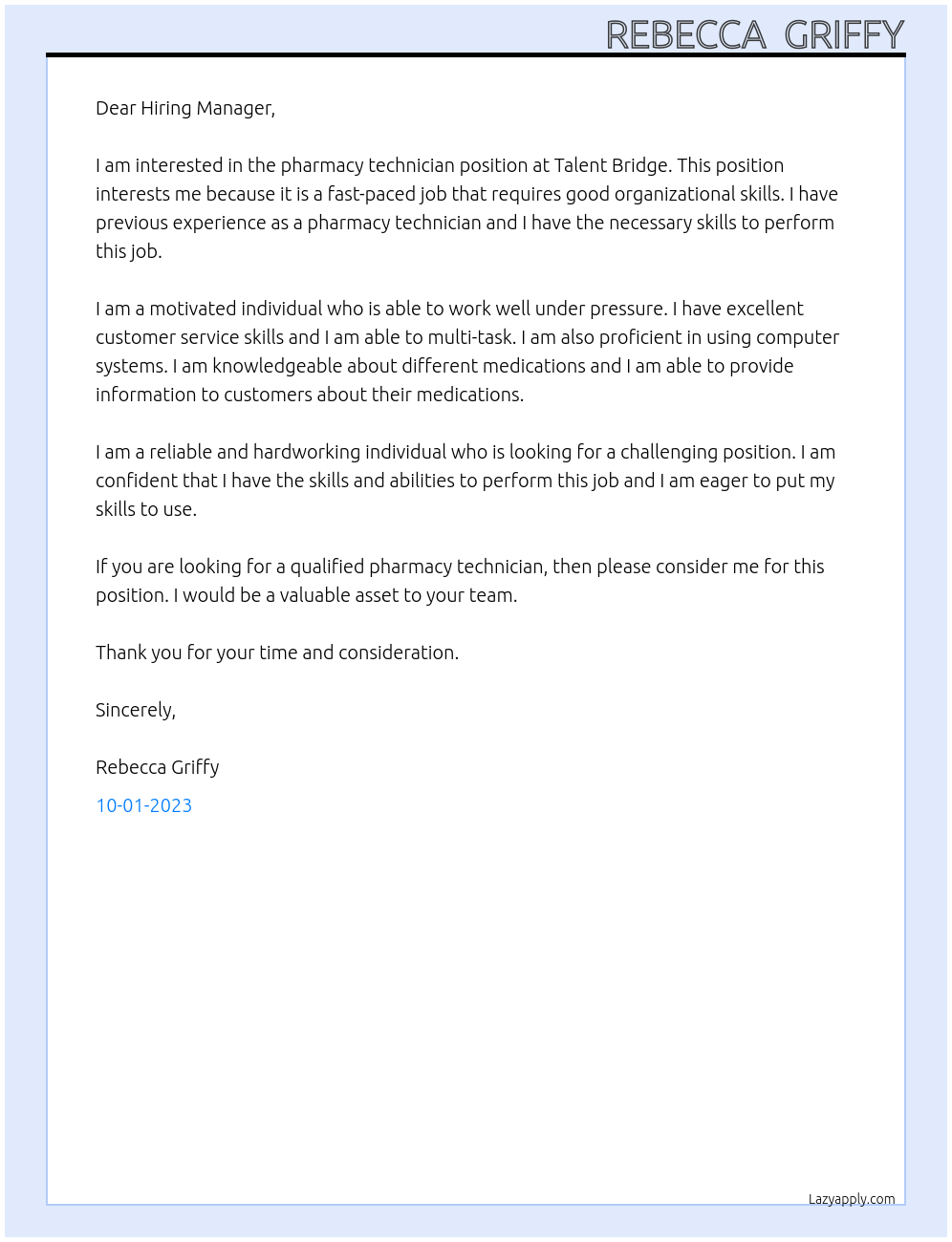 Pharmacy Technician  At Talent bridge  Cover Letter