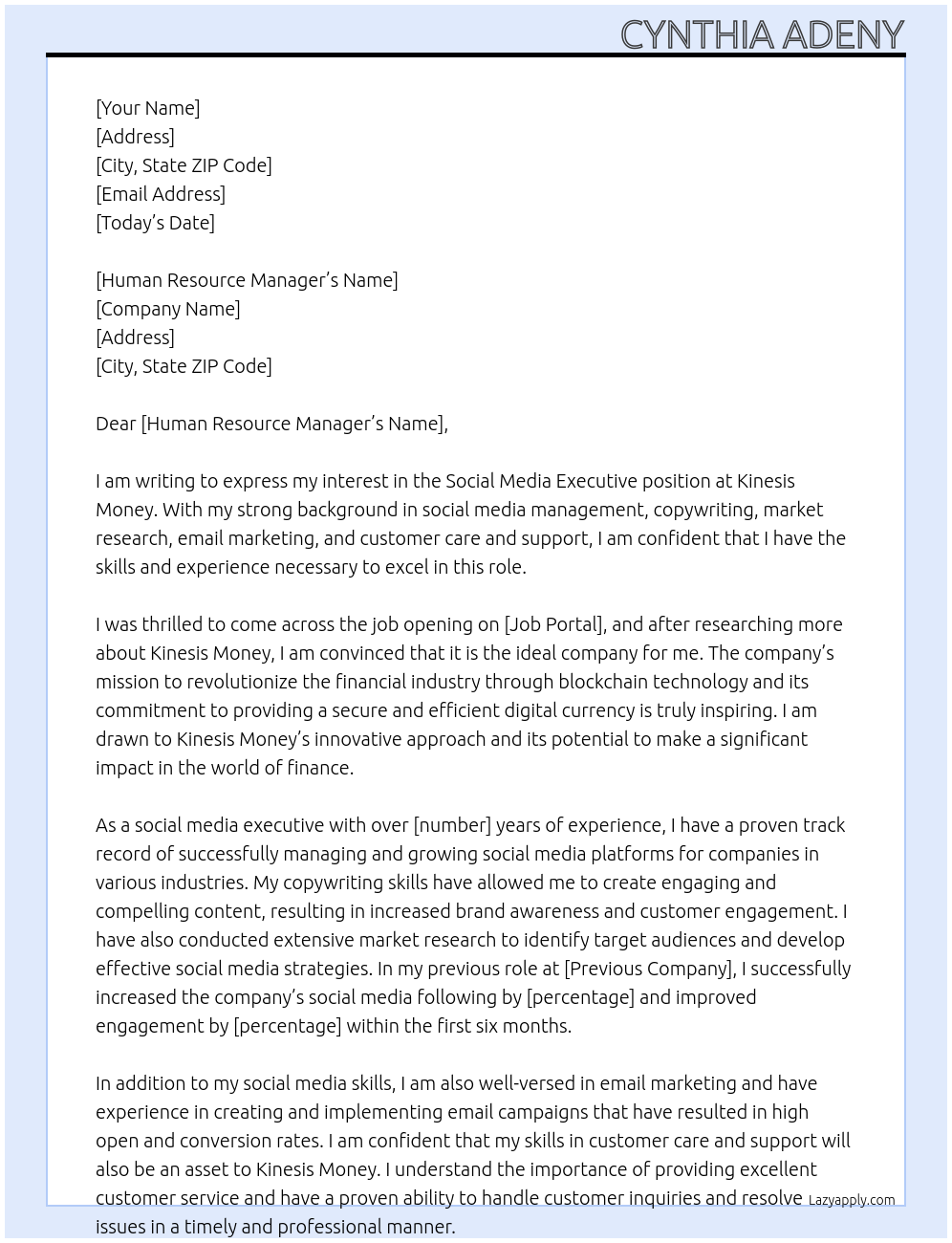 Social media executive At Kinesis Money Cover Letter