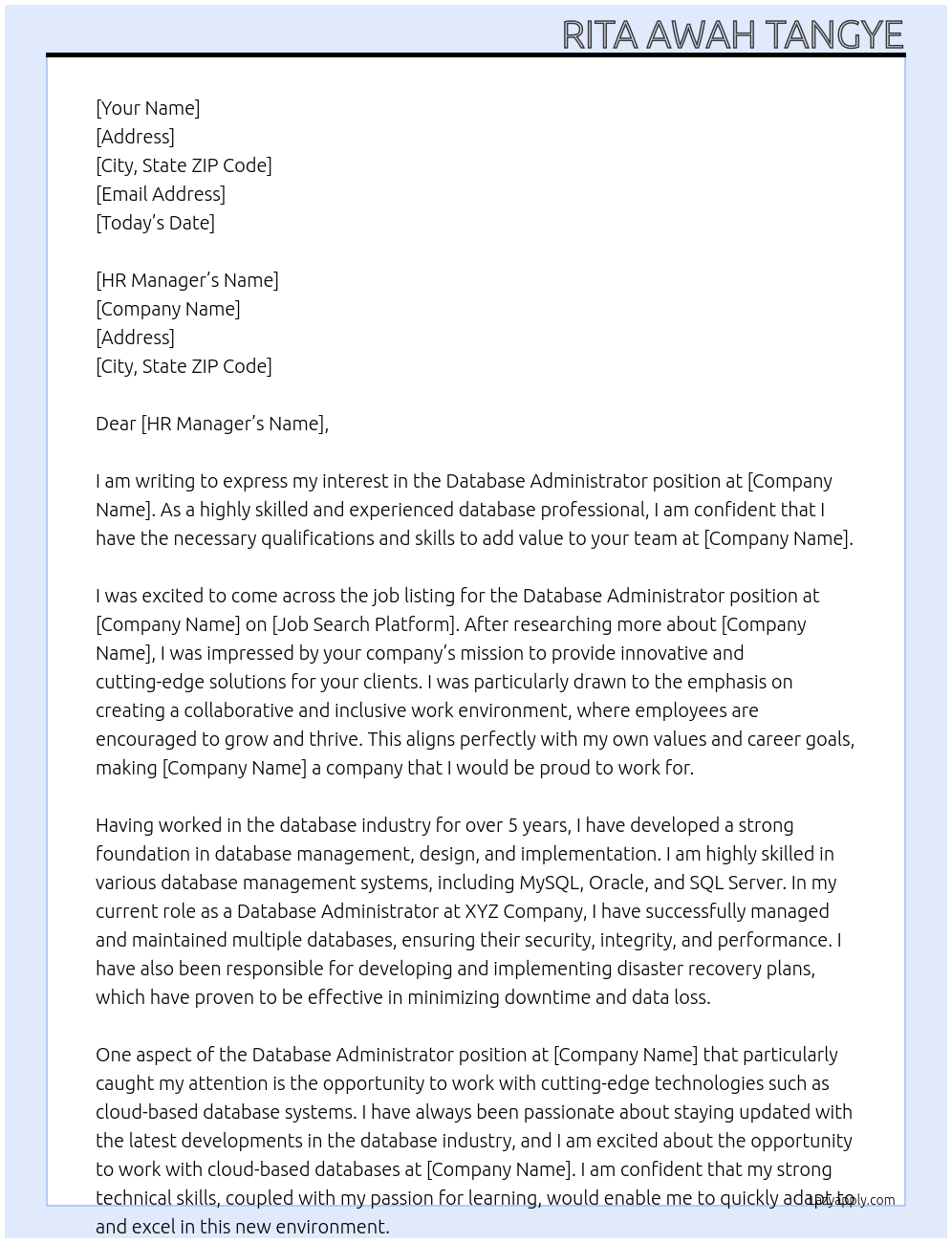 Database Administrator At TLI Cover Letter