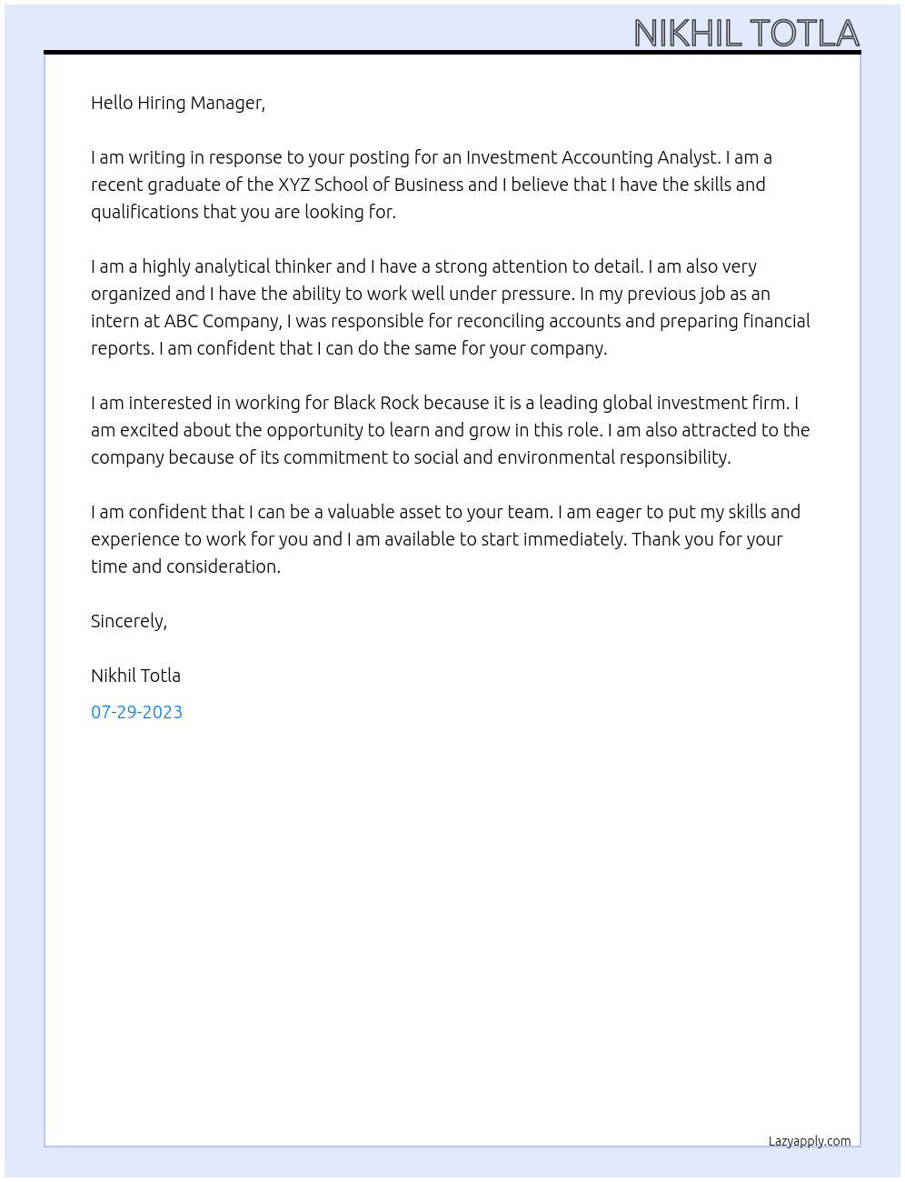 Investment Accounting Analyst At Black Rock Cover Letter