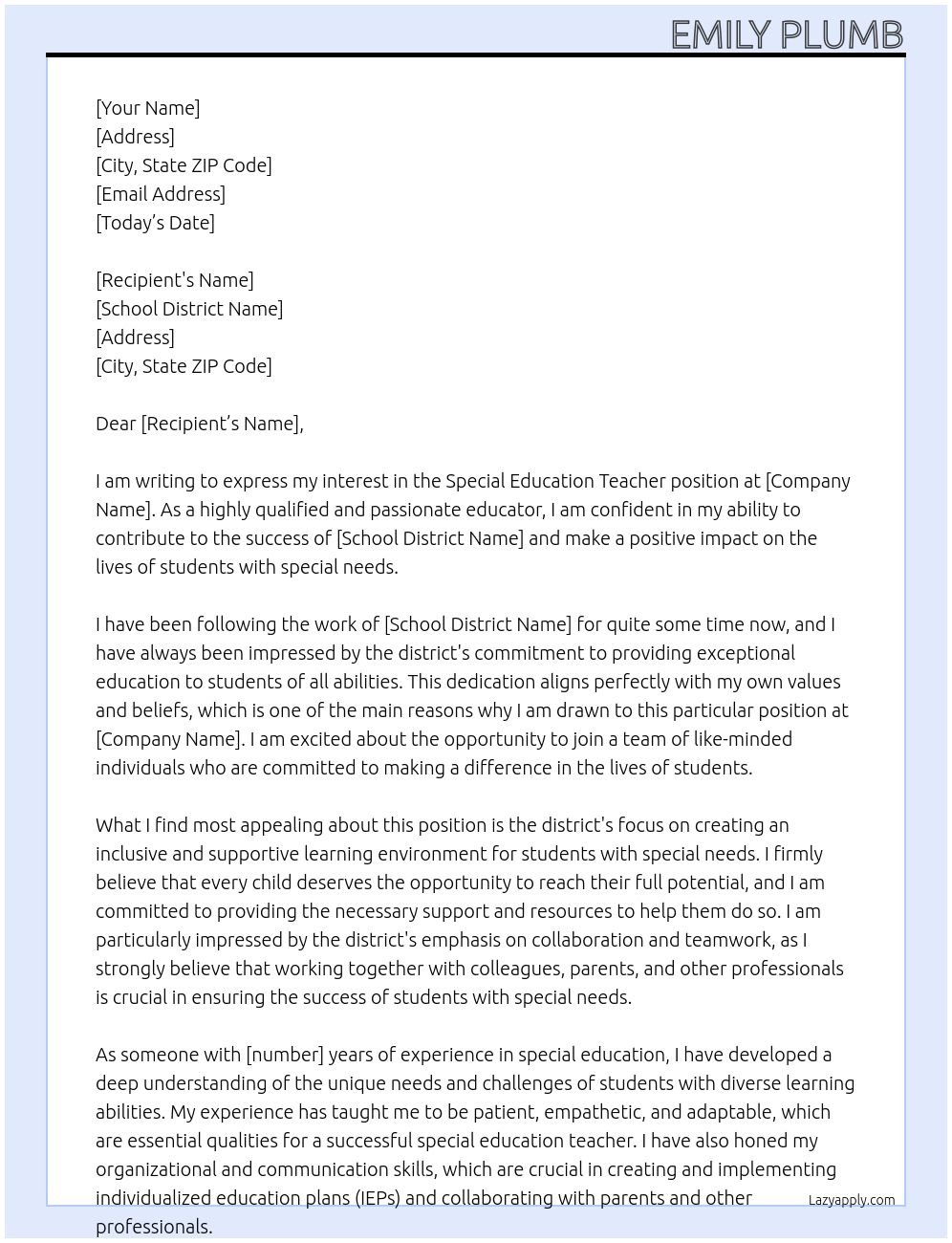 Special Education Teacher At Special Education Cover Letter