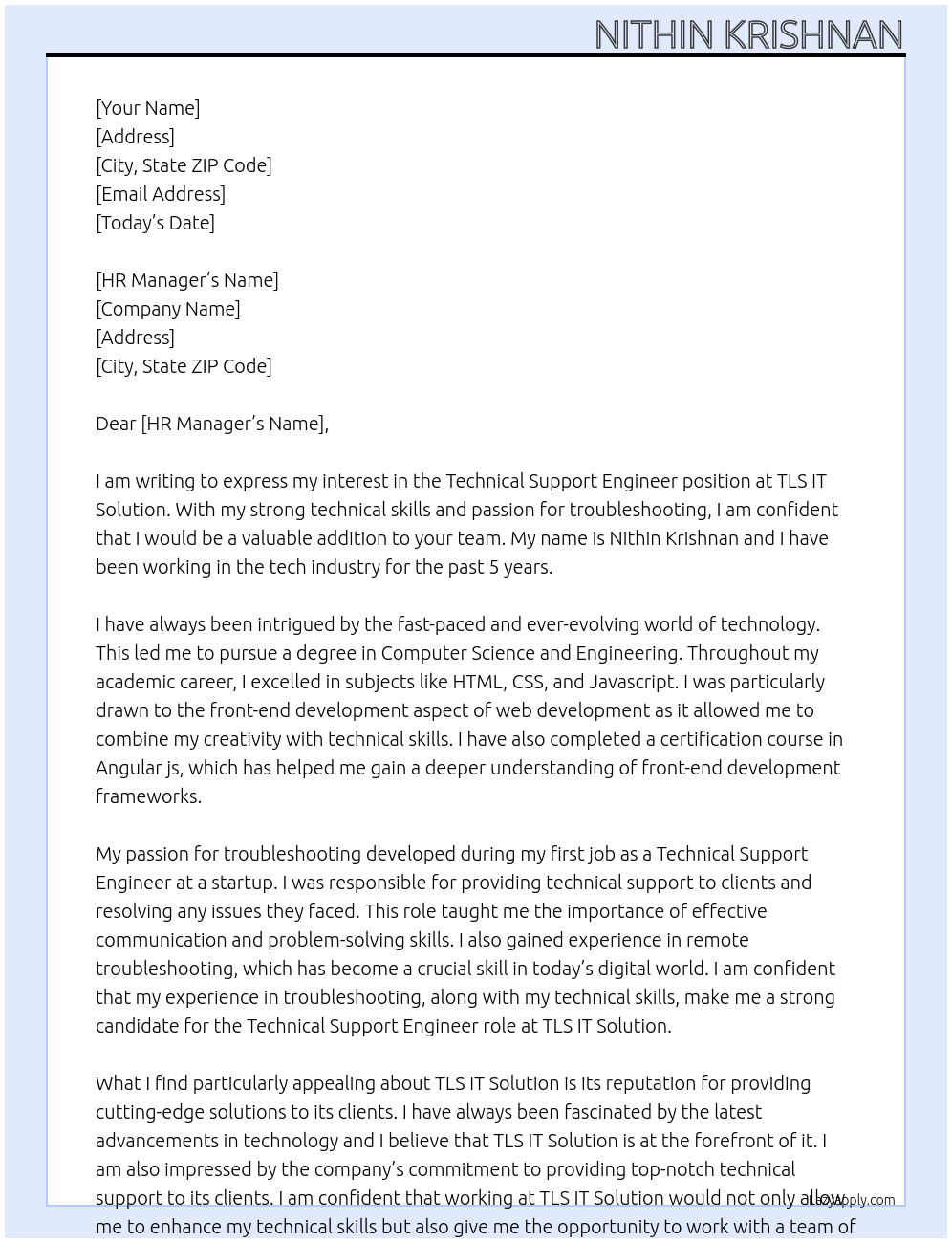 Technical Support Engineer At TLS IT Solution Cover Letter