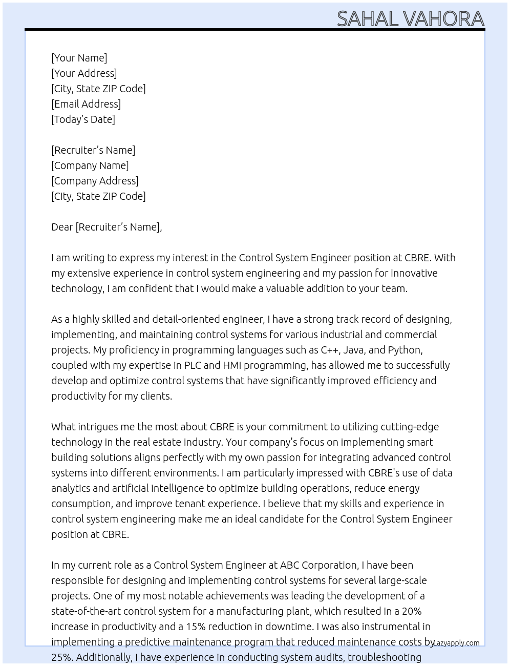 Control system engineer At CBRE Cover Letter