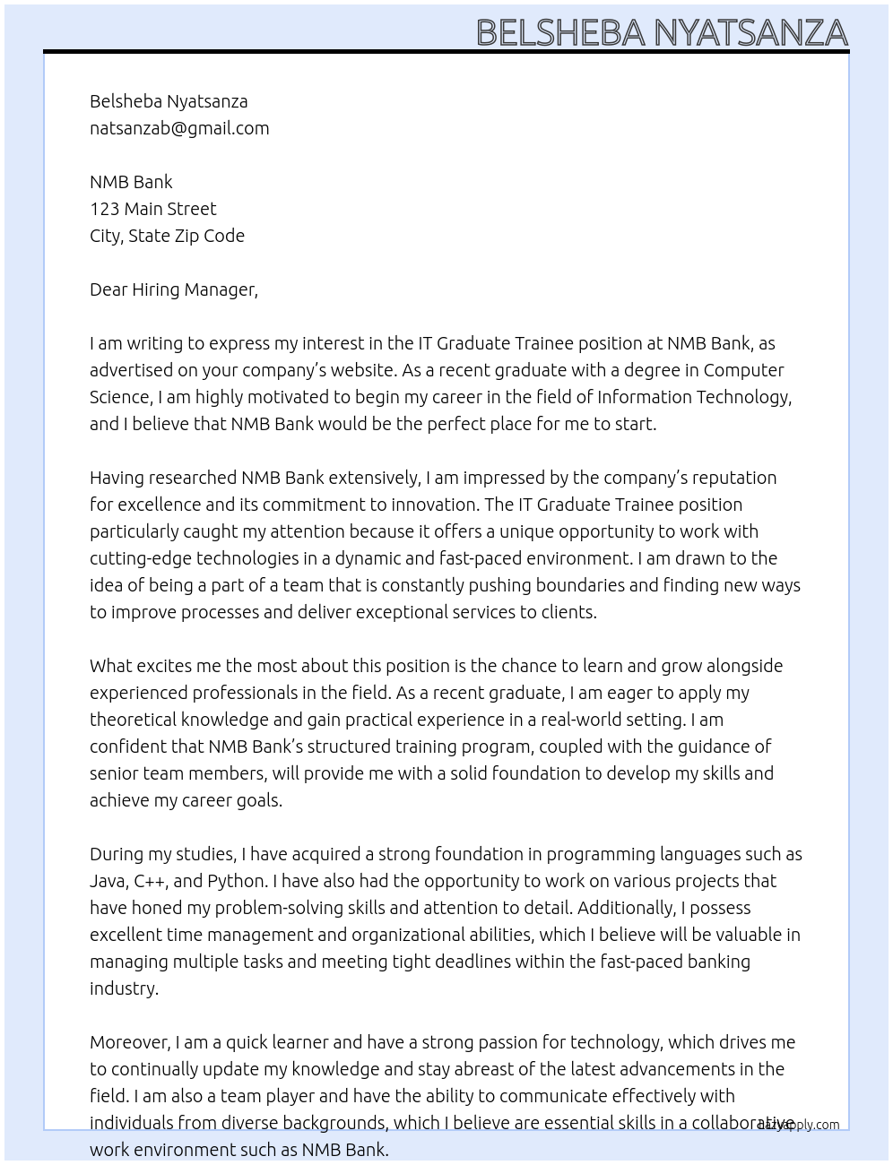 IT GRADUATE TRAINEE At NMB Bank Cover Letter