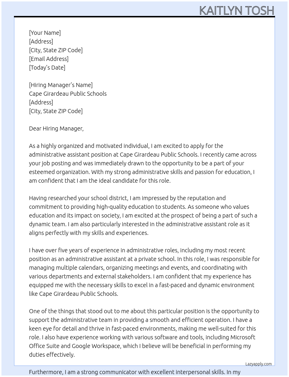 Adminstrative assistant At Cape Girardeau Public Schools Cover Letter