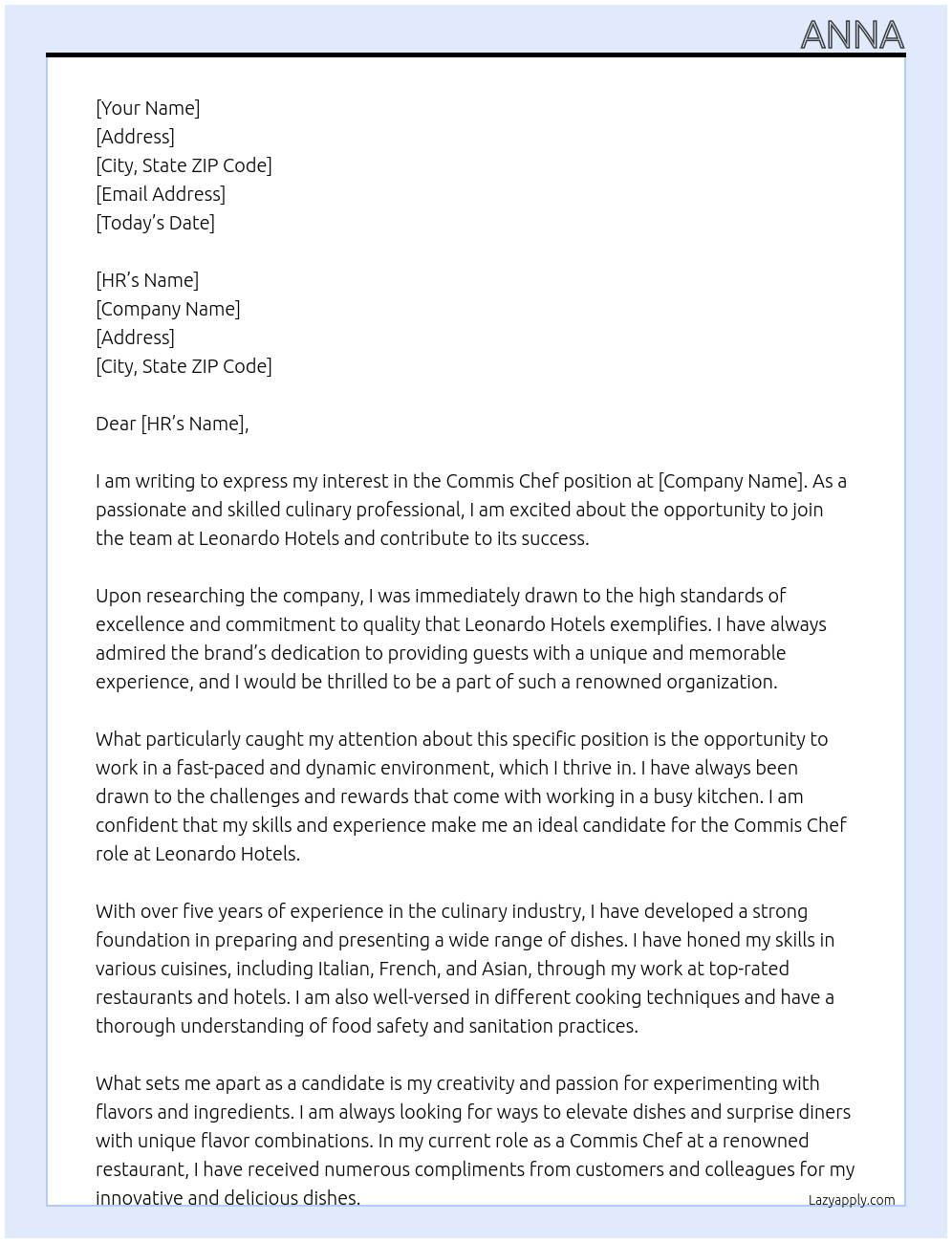 Commis chef At Leonardo Hotels Cover Letter