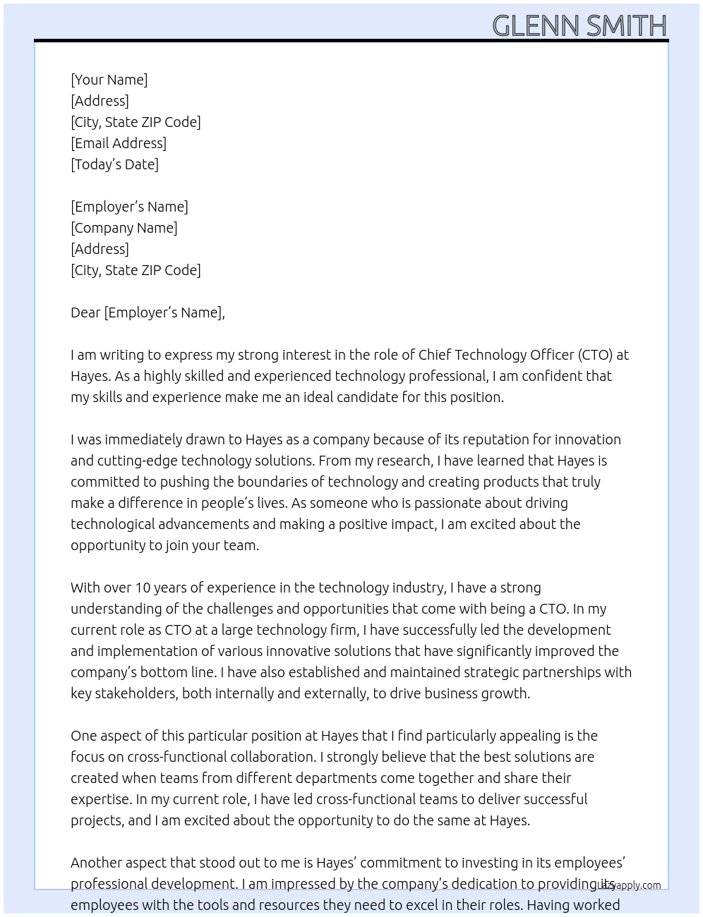 CTO At Hayes Cover Letter