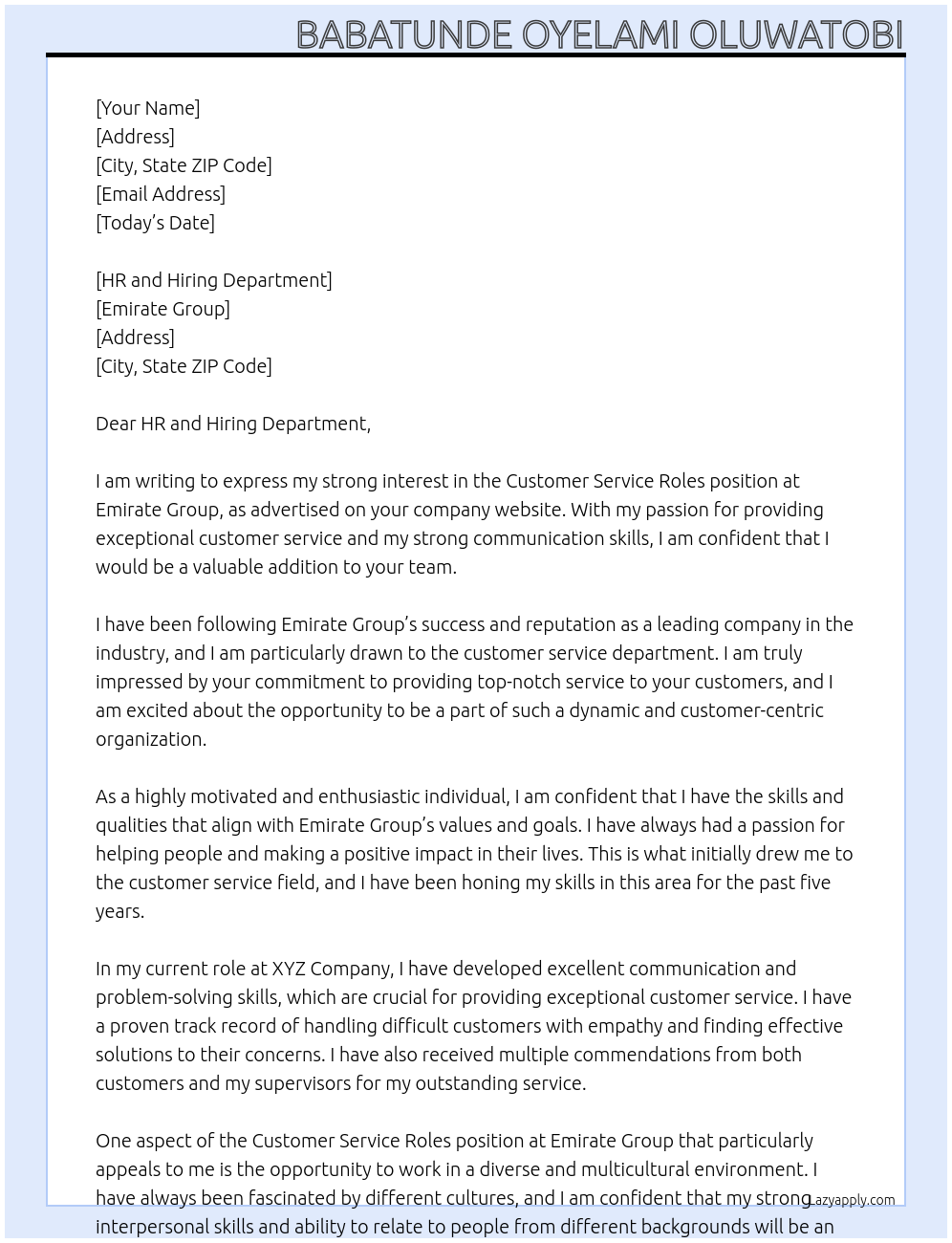 Customer Service Roles At EMIRATE GROUP Cover Letter