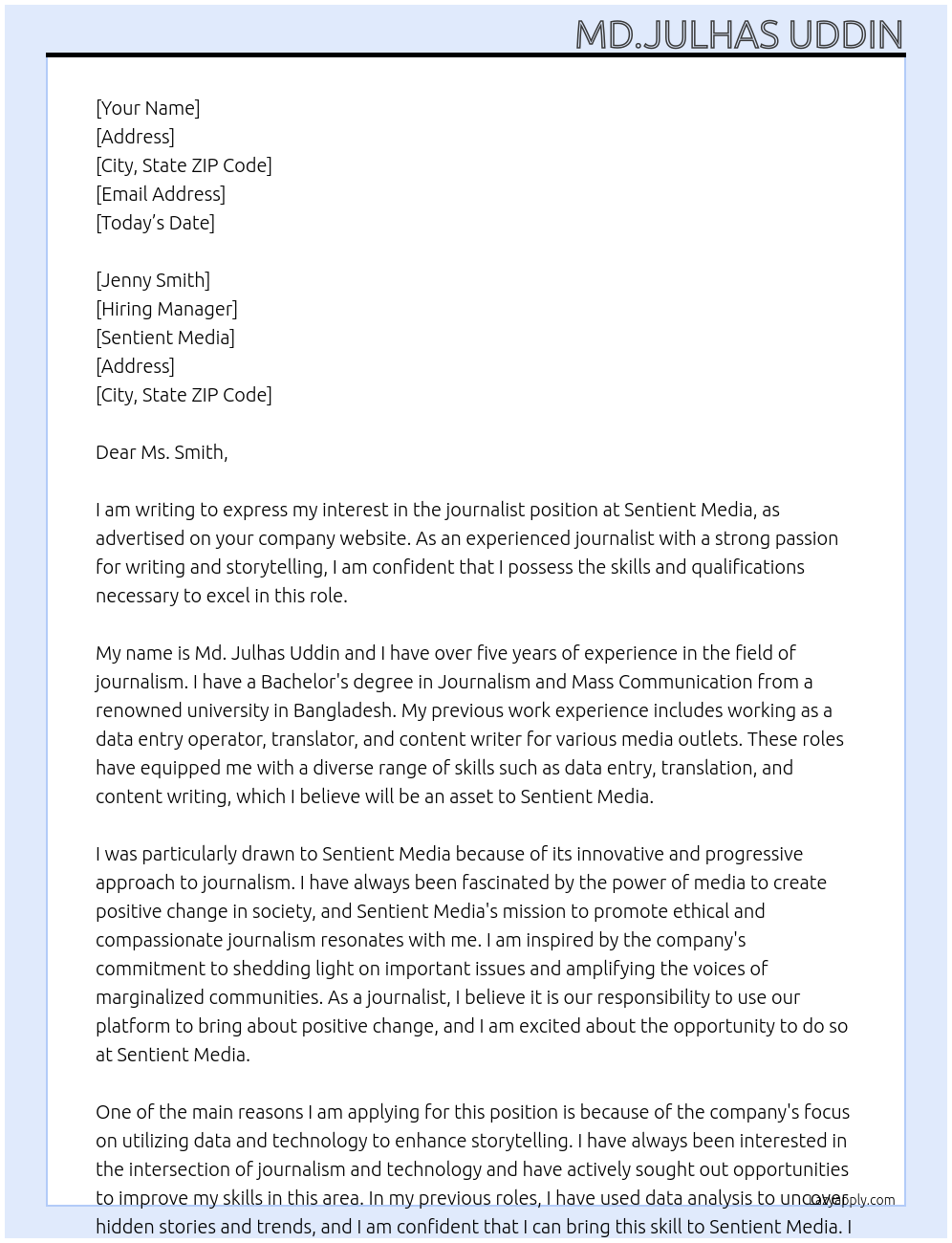 journalist At sentient media Cover Letter