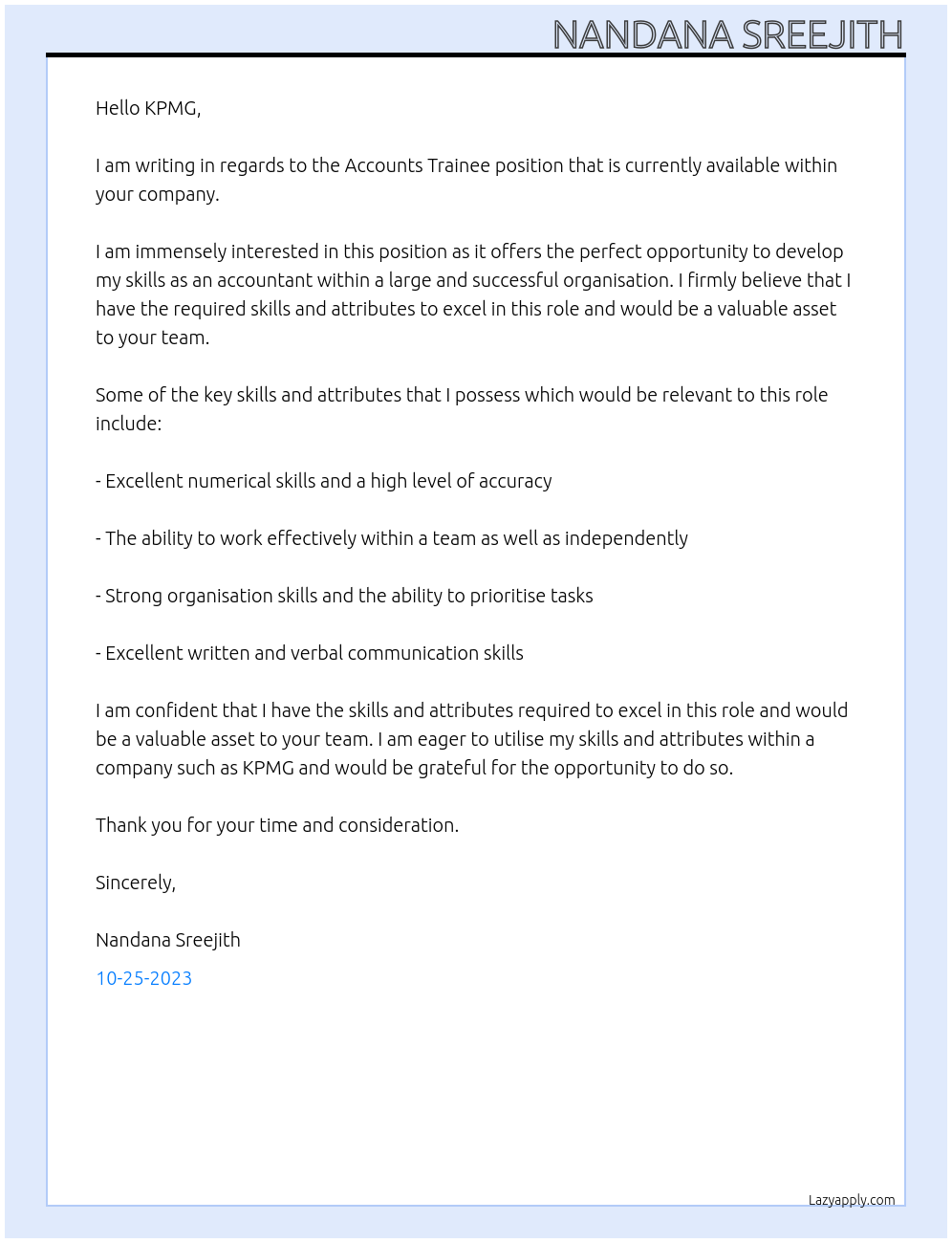 ACCOUNTS TRAINEE At KPMG Cover Letter