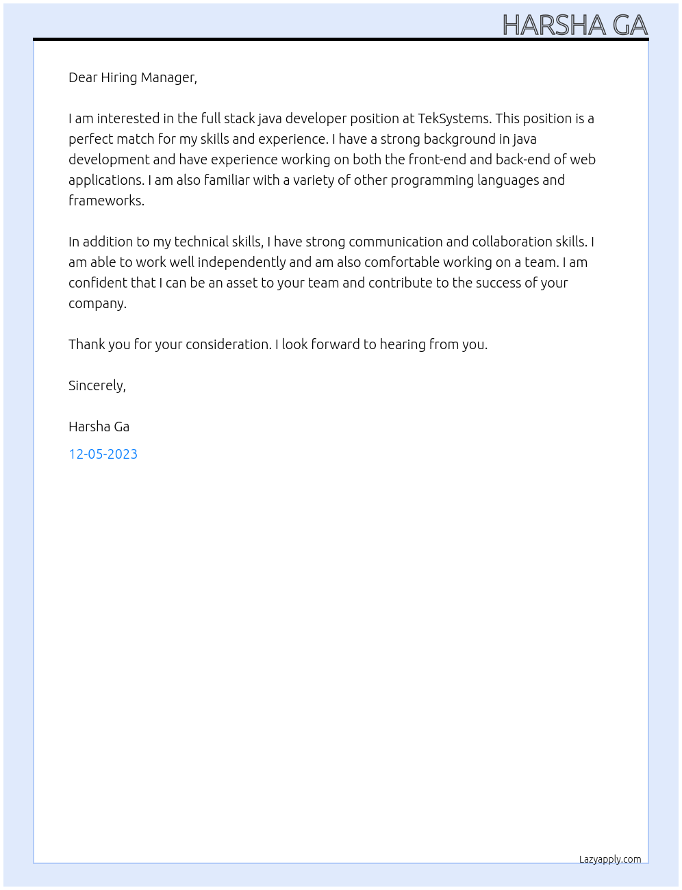 full stack java developer At teksystems Cover Letter