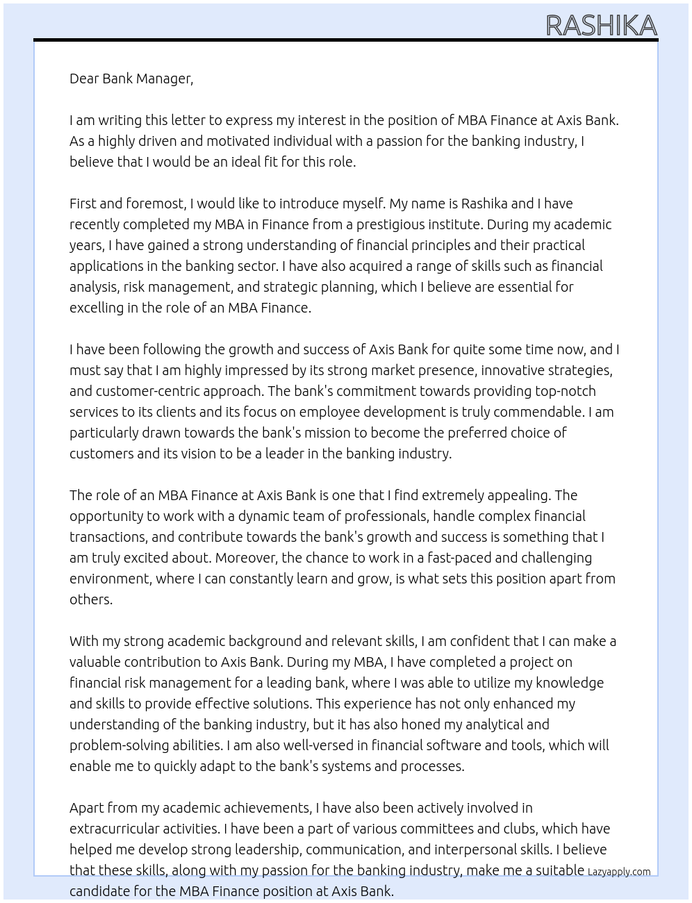 MBA Finance At Axis Bank Cover Letter