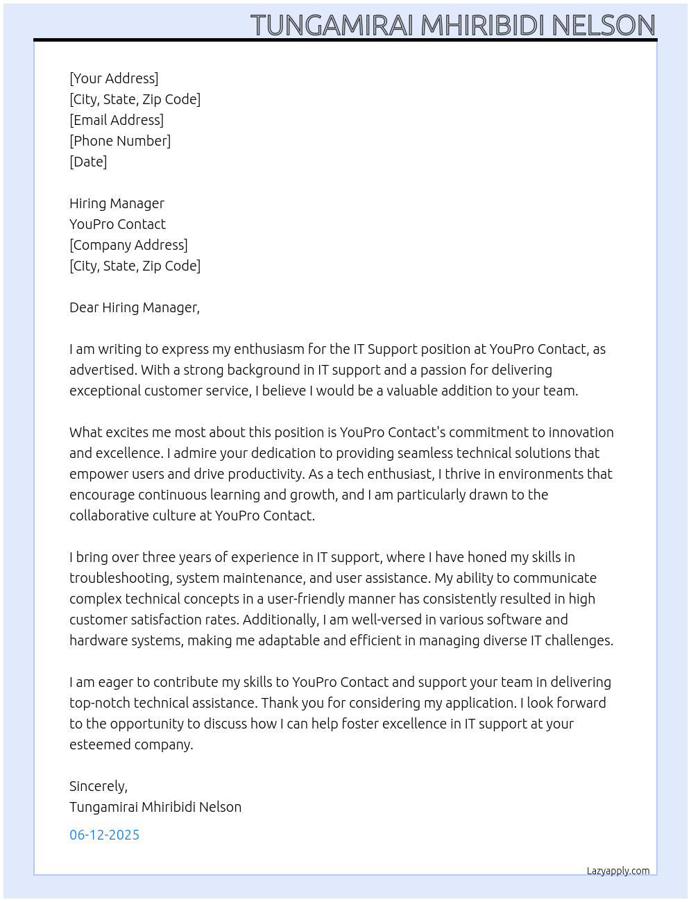 IT Support At YouPro Contact Cover Letter