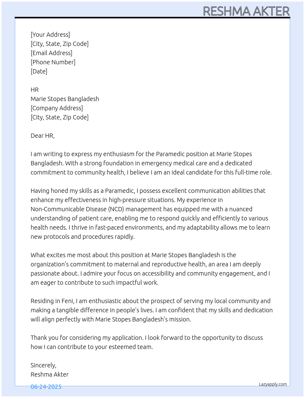 Paramedic At Marie Stopes Bangladesh  Cover Letter