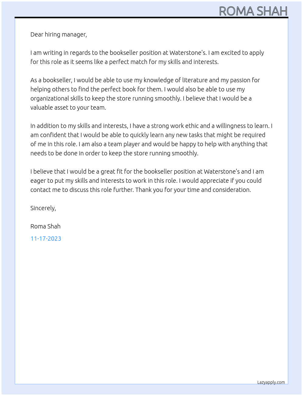 Bookseller At Waterstone's Cover Letter