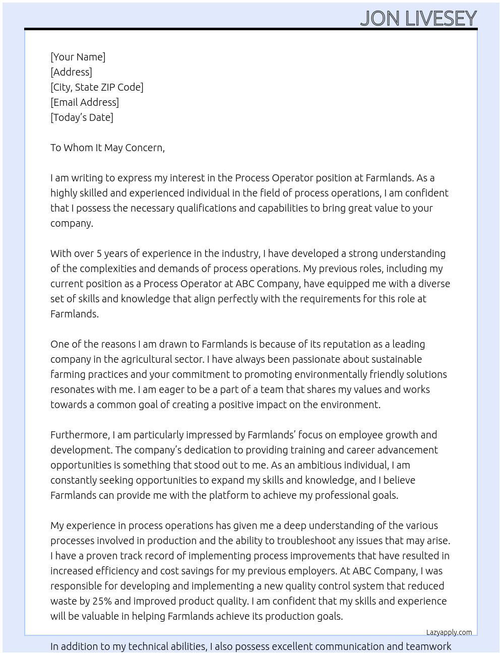 Process Operator At Farmlands Cover Letter