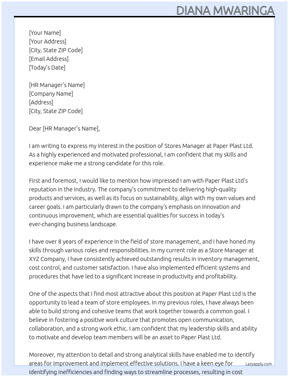 Stores Manager At Paper Plast Ltd Cover Letter