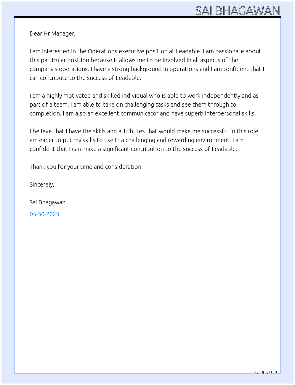 Operations executive At Leadable Cover Letter