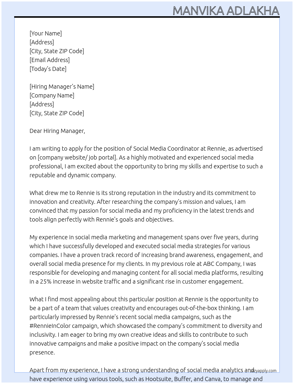 Social Media Coordinator At Rennie Cover Letter