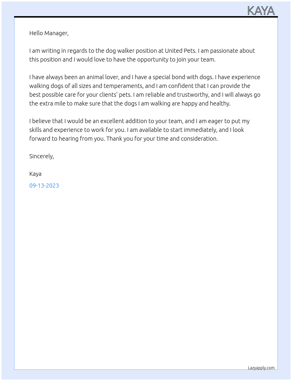 Dog walker At United pets  Cover Letter