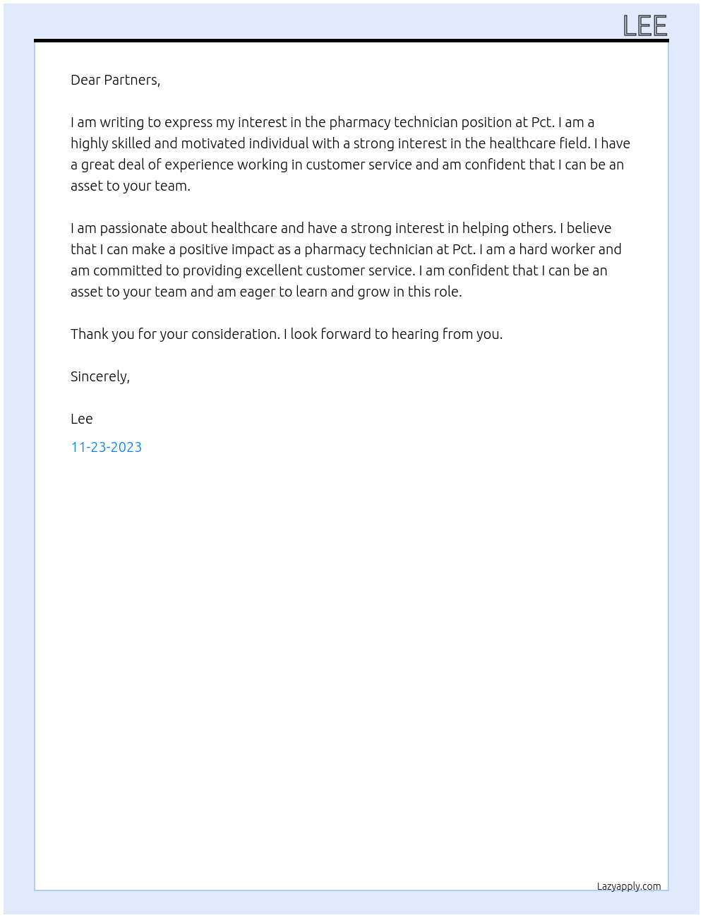 Pharmacy technician  At Pct Cover Letter