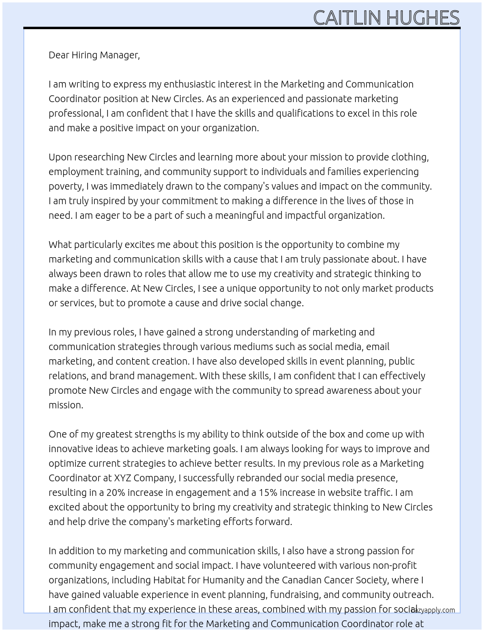 Marketing and Communication Coordinator At New Circles Cover Letter