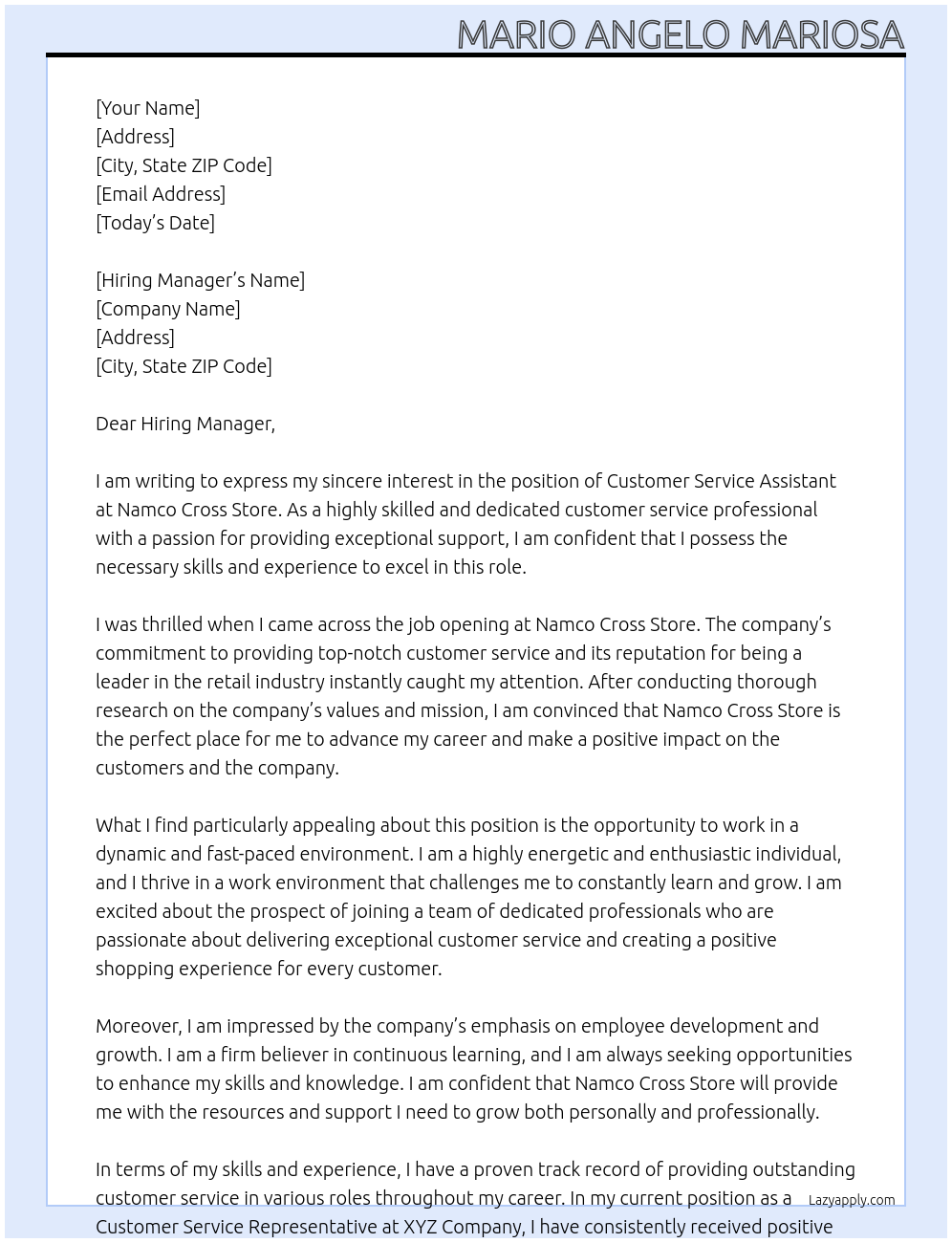 Customer Service Assistant At Namco Cross Store Cover Letter