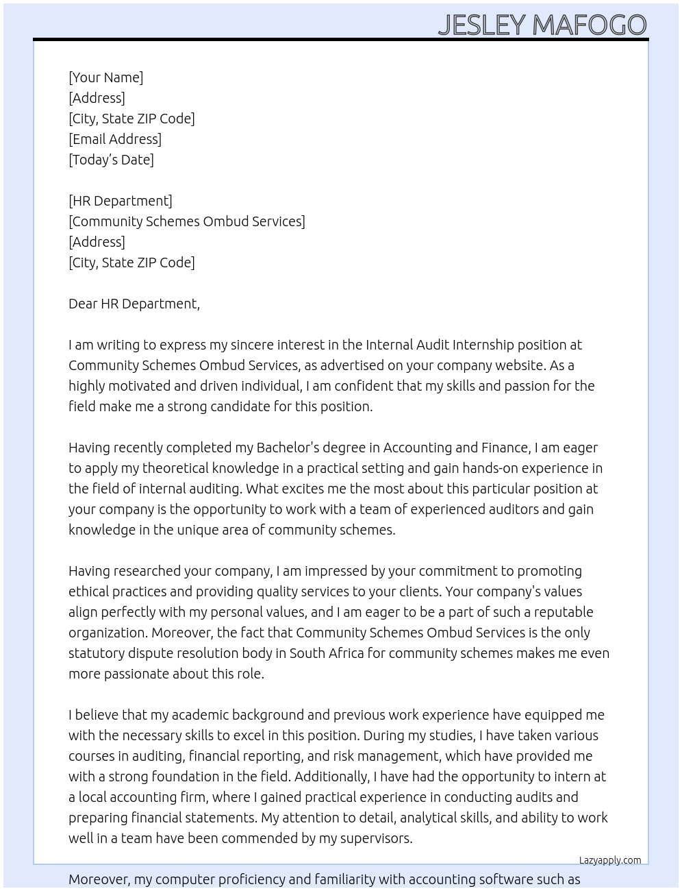 Cover letter for internal audit internship - LazyApply