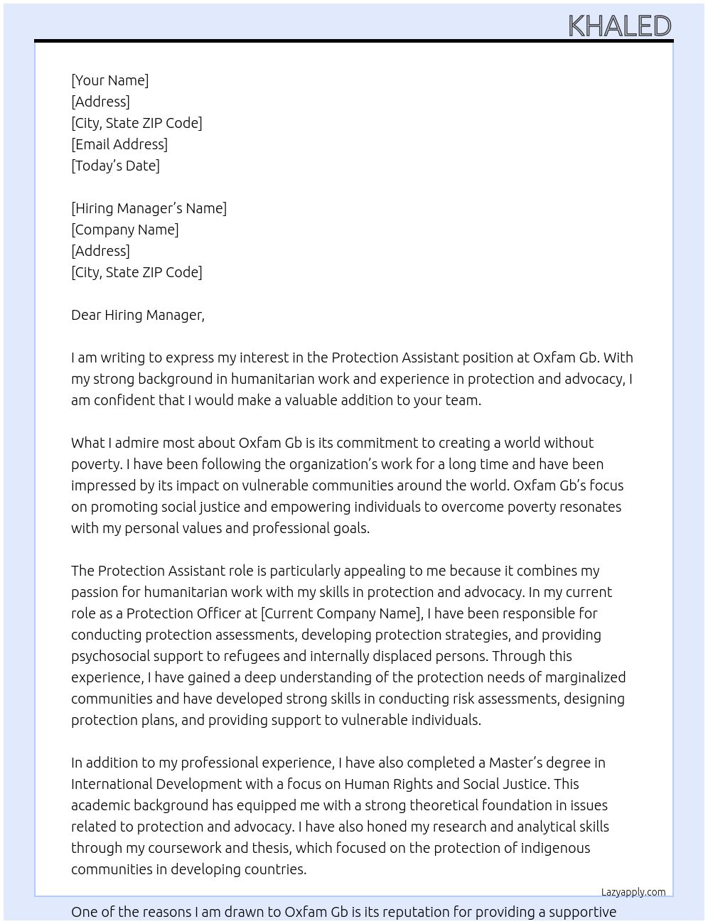 Protection Assistant At Oxfam Gb Cover Letter