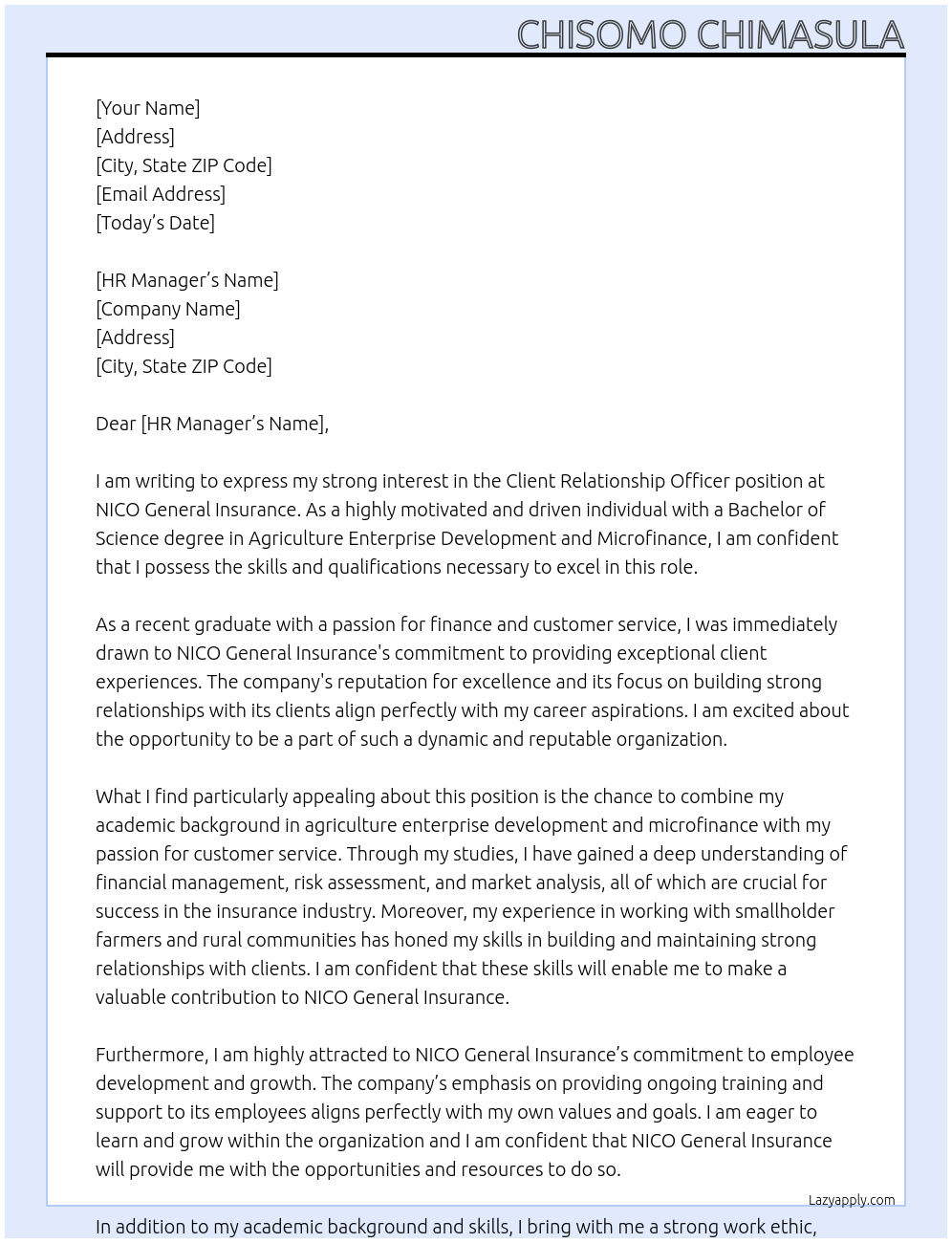 Client Relationship Officer At NICO General Insurance Cover Letter