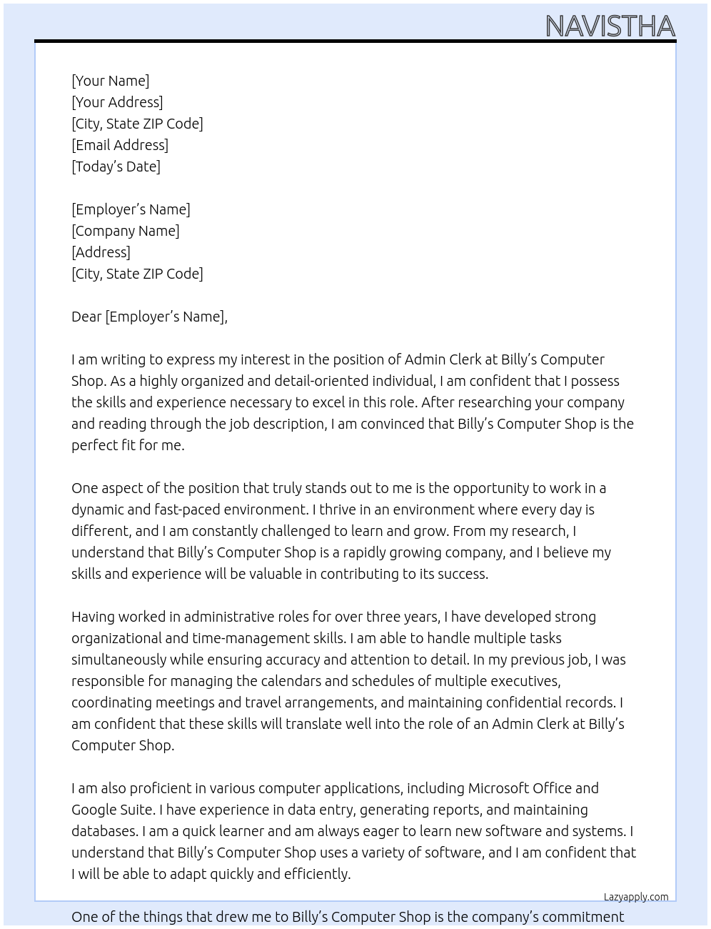 Admin clerk At billy's computer shop Cover Letter