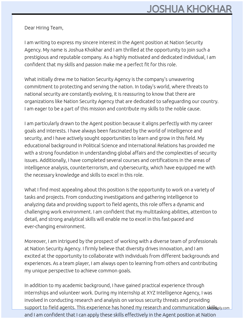 Agent At Nation Security Agency Cover Letter
