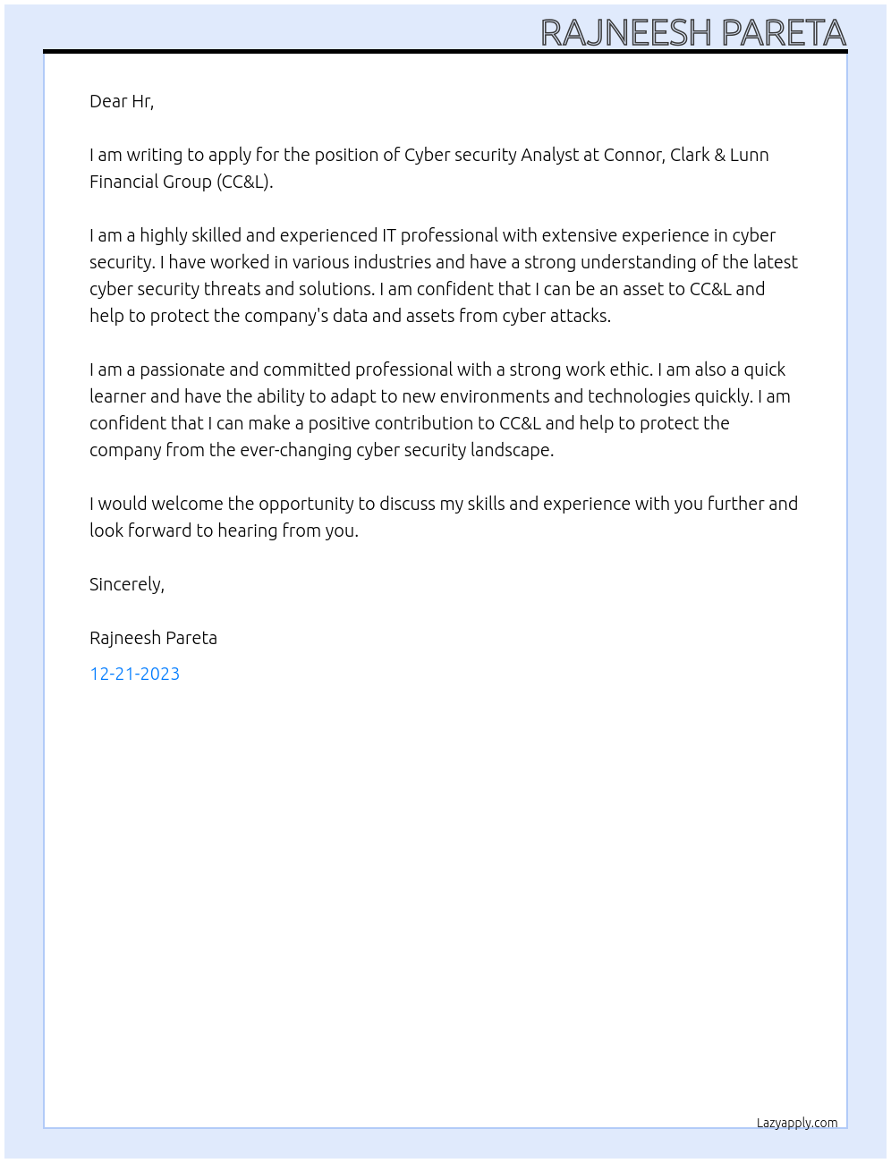 Cyber security Analyst At Connor, Clark & Lunn Financial Group (CC&L) Cover Letter