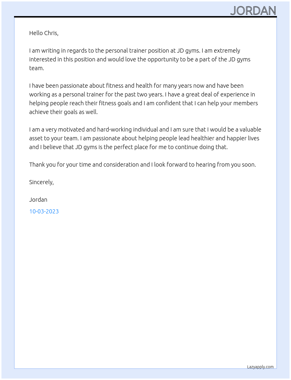 personal trainer At JD gyms Cover Letter