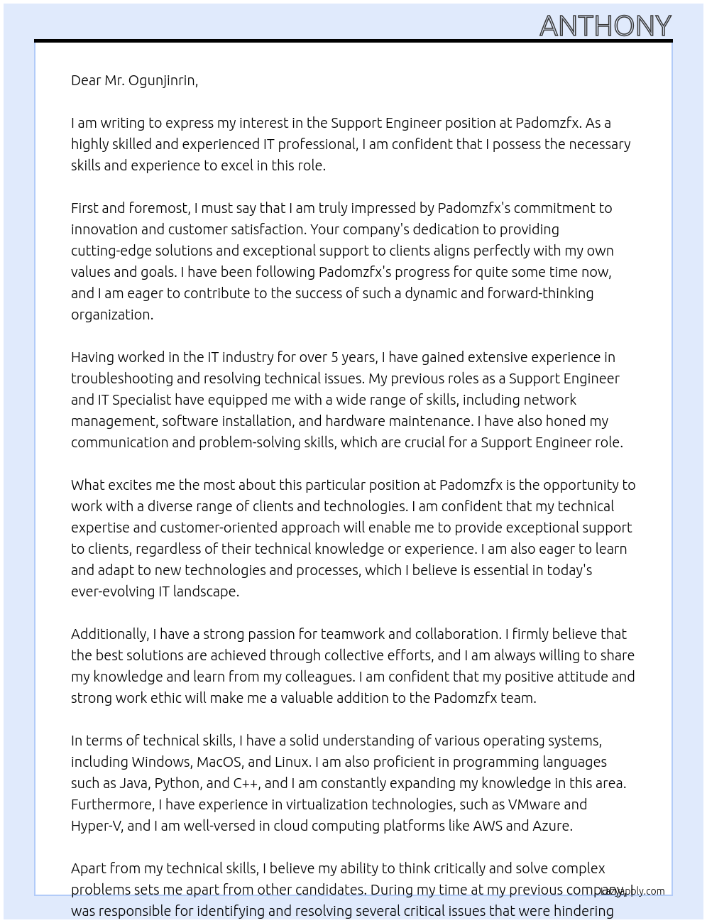 support engineer At padomzfx Cover Letter