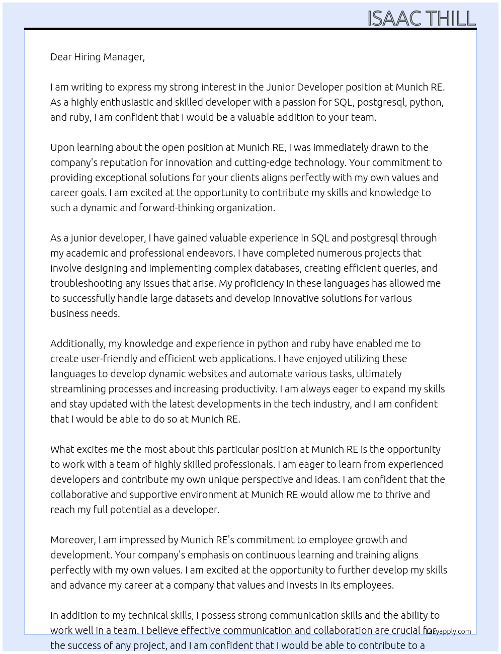 Junior Developer At Munich RE Cover Letter