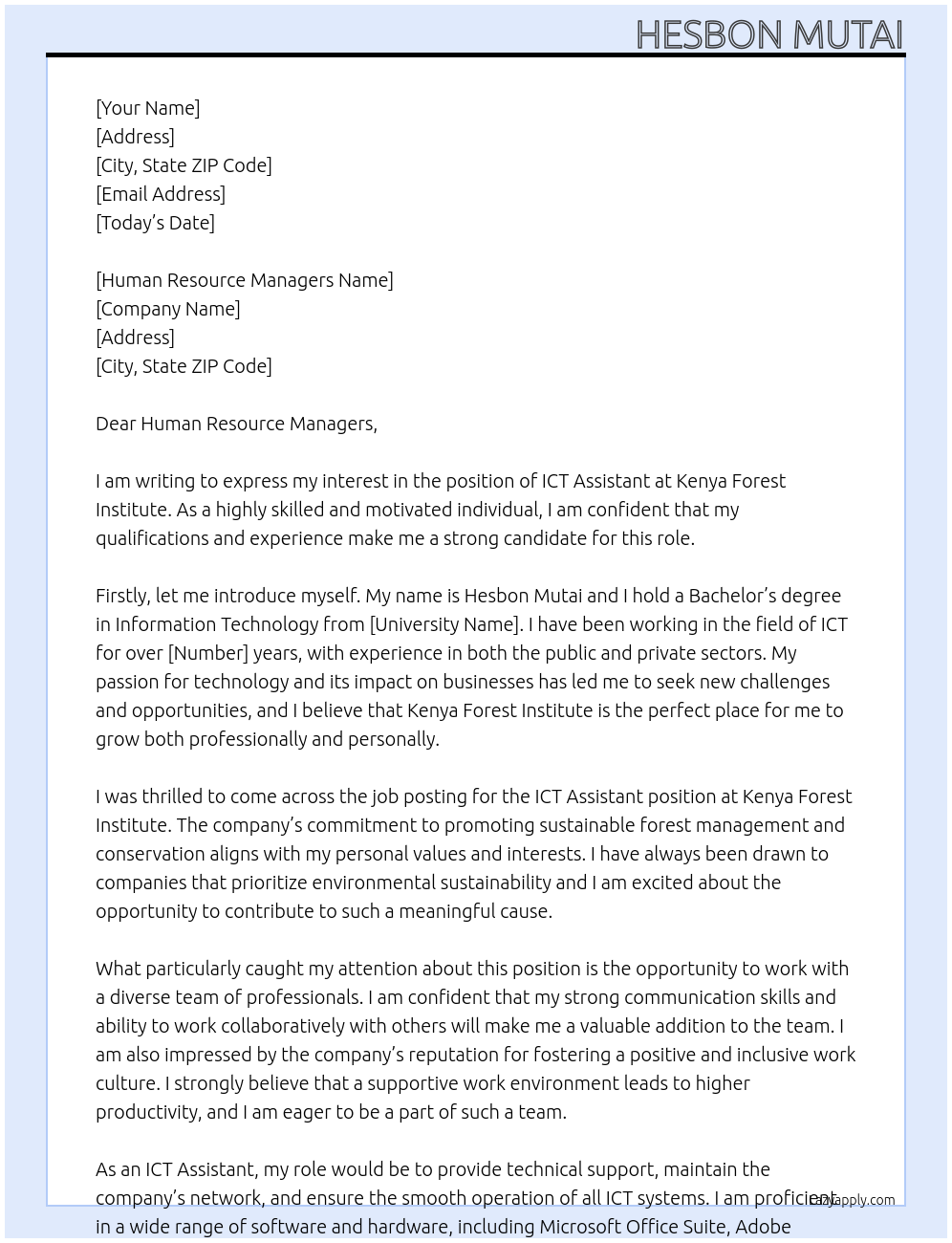 ICT ASSISTANT At KENYA FOREST INSITITUTE Cover Letter