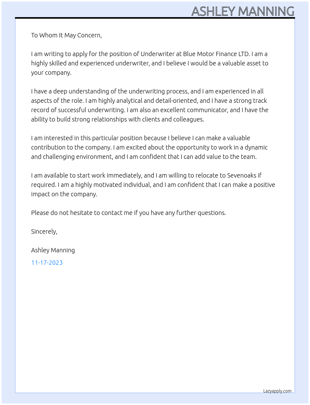 Underwriter At Blue Motor Finance LTD Cover Letter