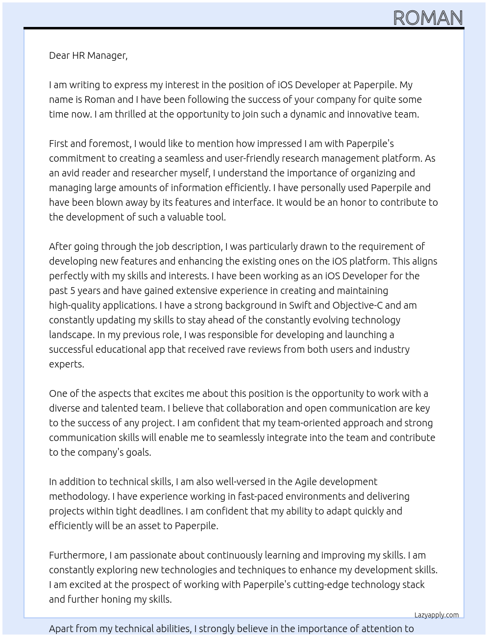 iOS Developer At Paperpile Cover Letter