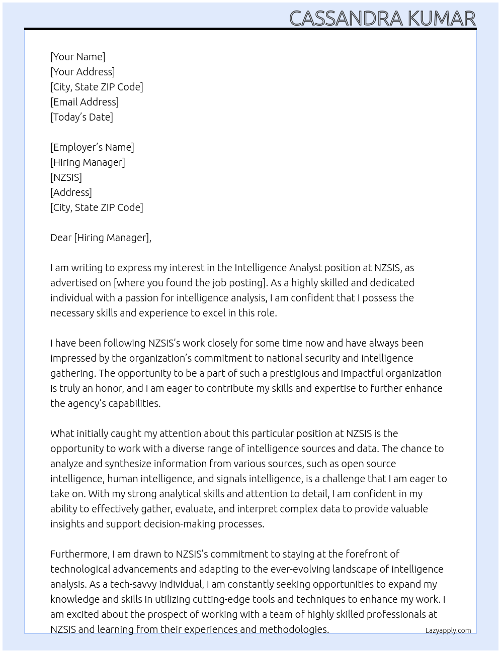 Intelligence Analyst At NZSIS Cover Letter