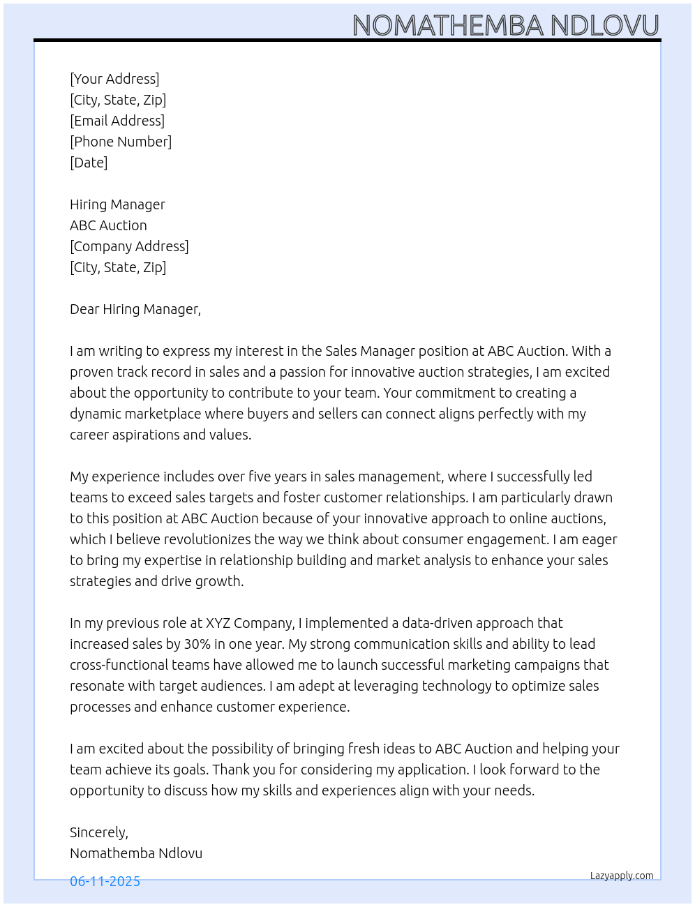Sales Manager At ABC Auction Cover Letter