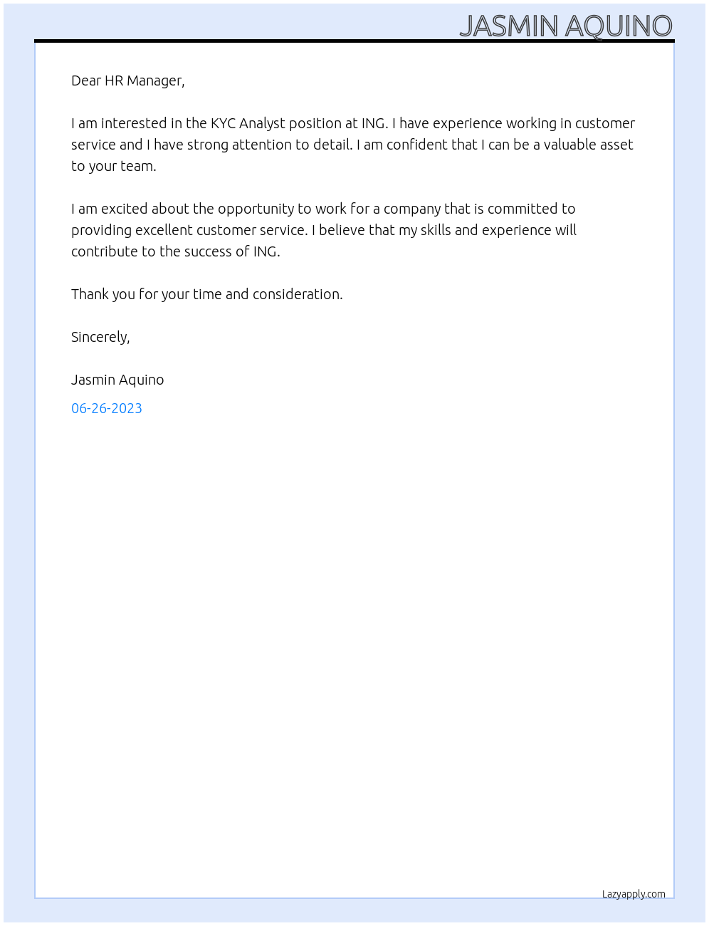 KYC Analyst At ING Cover Letter