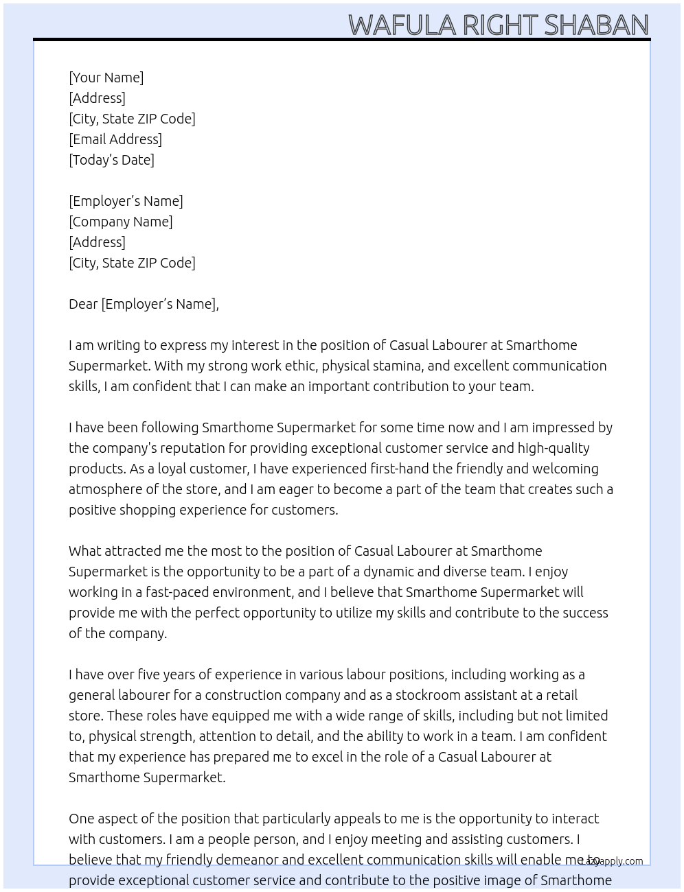 CASUAL LABOURER At SMARTHOME SUPERMARKET Cover Letter