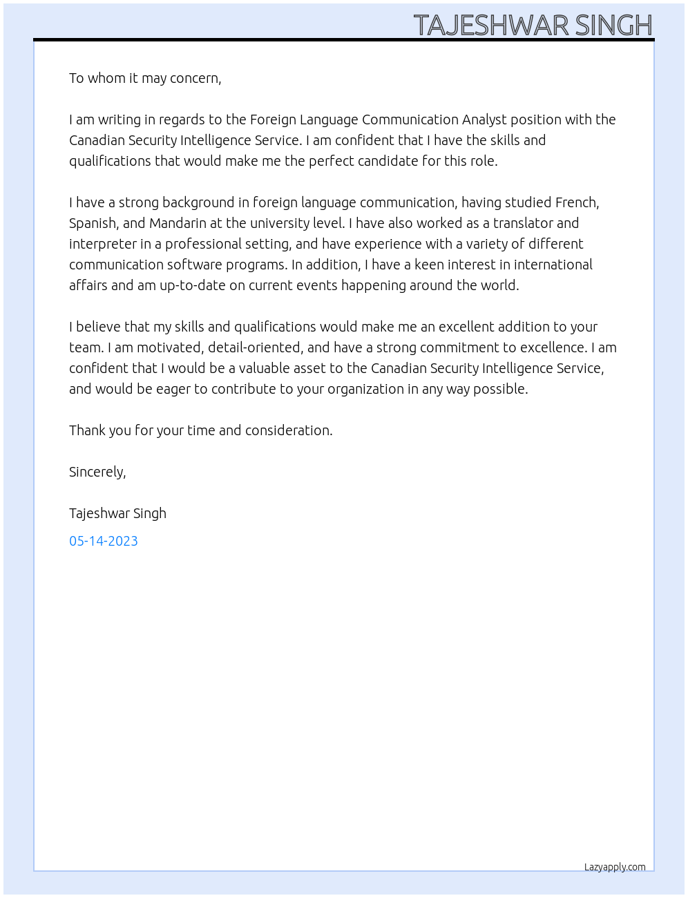 Foreign Language Communication Analyst At Canadian Security Intelligence Service Cover Letter