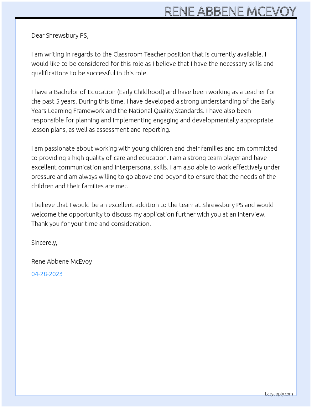 Classroom teacher At Shrewsbury PS Cover Letter