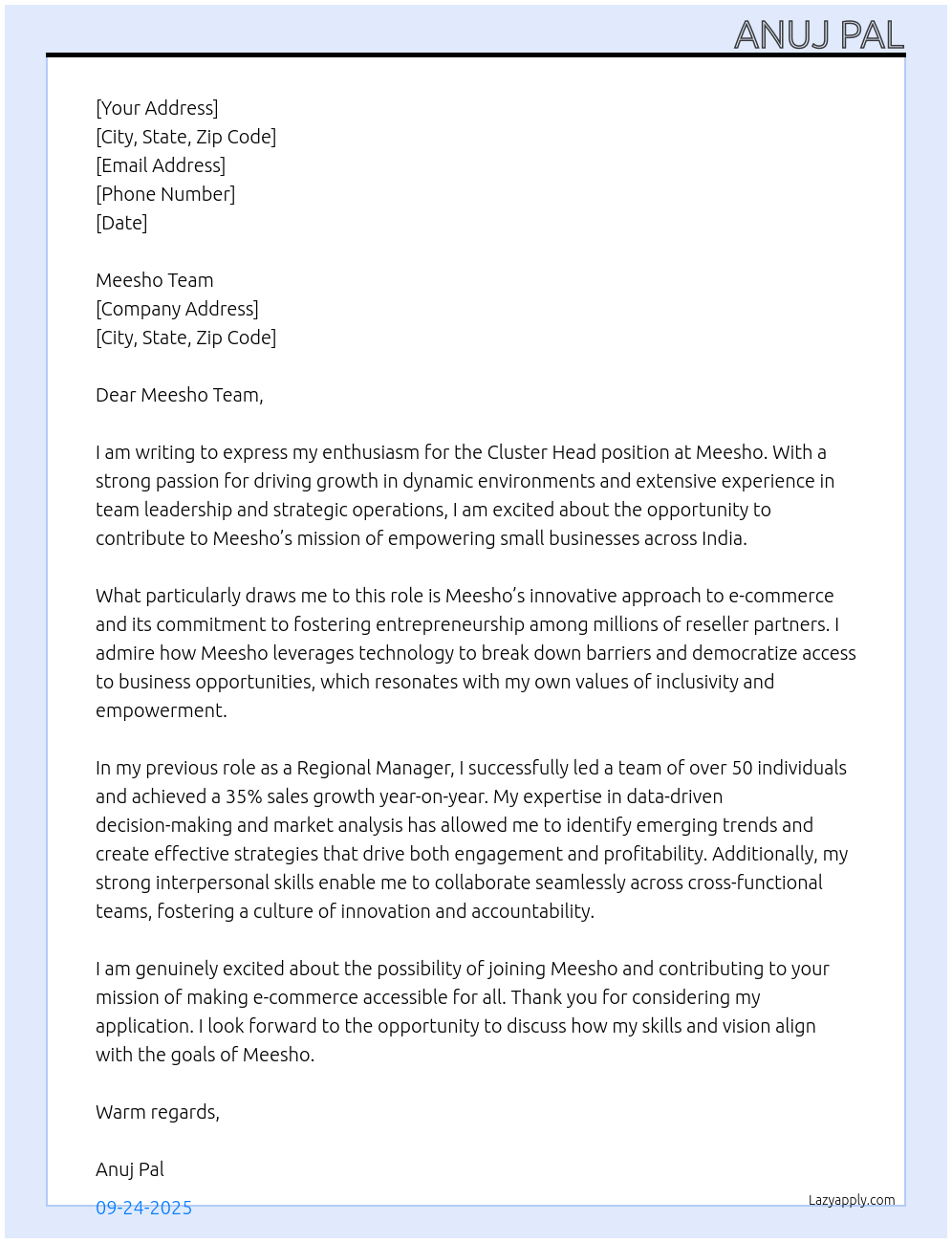 Cluster head At Meesho Cover Letter