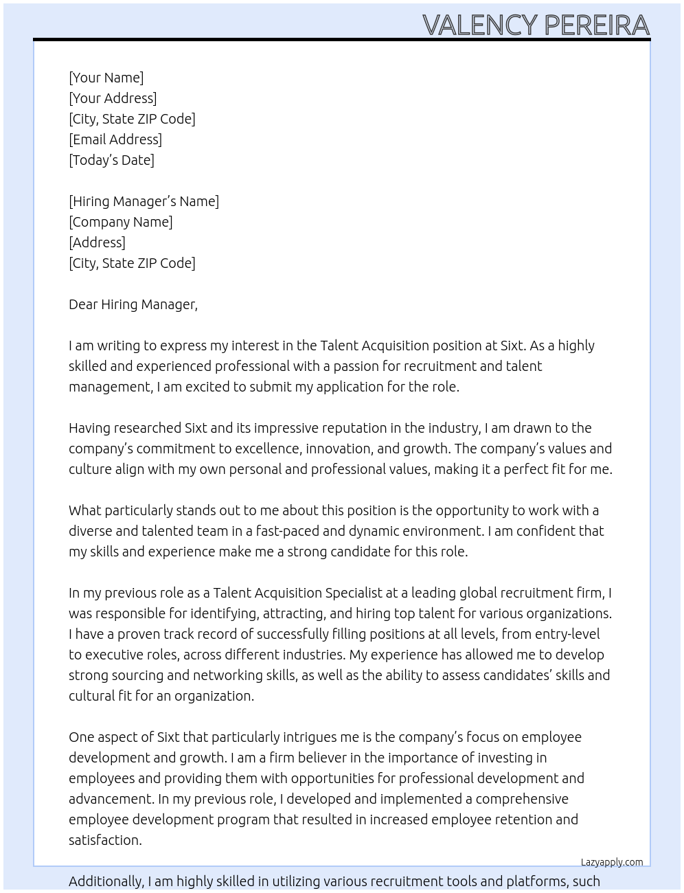 Talent Acquistion At sixt Cover Letter