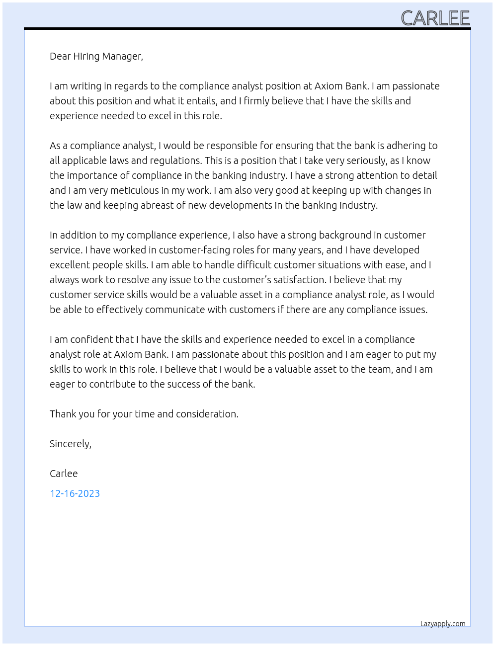 compliance analyst At Axiom Bank Cover Letter